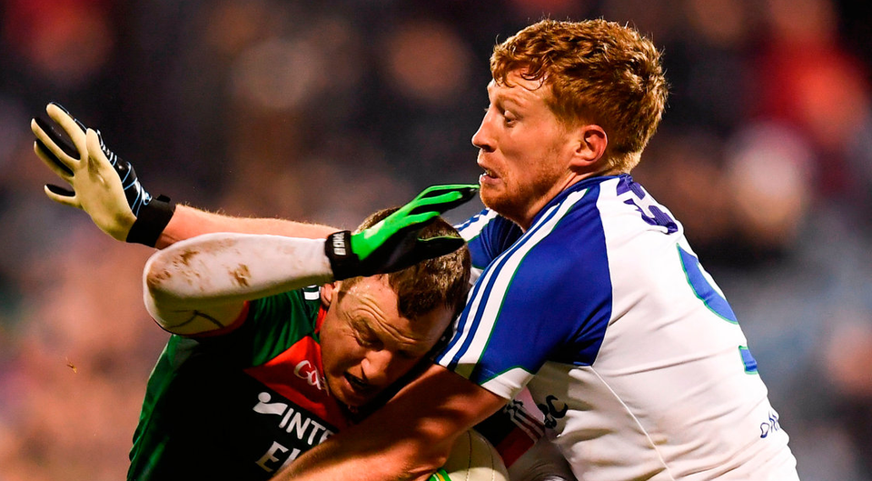 Colm Boyle finds his path blocked by Monaghan's Kieran Murphy during Mayo's defeat in Castlebar Photo: Stephen McCarthy/Sportsfile