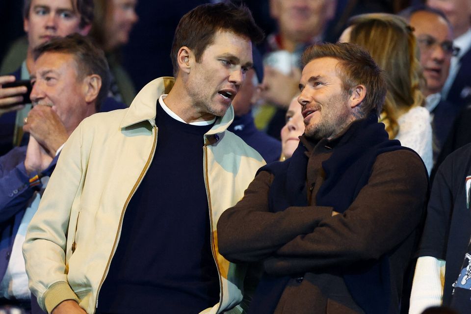 Tom Brady and David Beckham in the stands during the Birmingham City v Wrexham match. Picture: Action Images via REUTERS/Matthew Childs