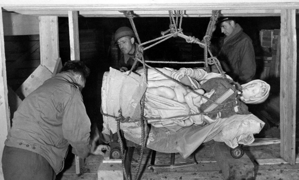 Michelangelo's 'The Madonna of Bruges' is recovered from the Altaussee salt mine, Austria, in 1945. Photo: Getty