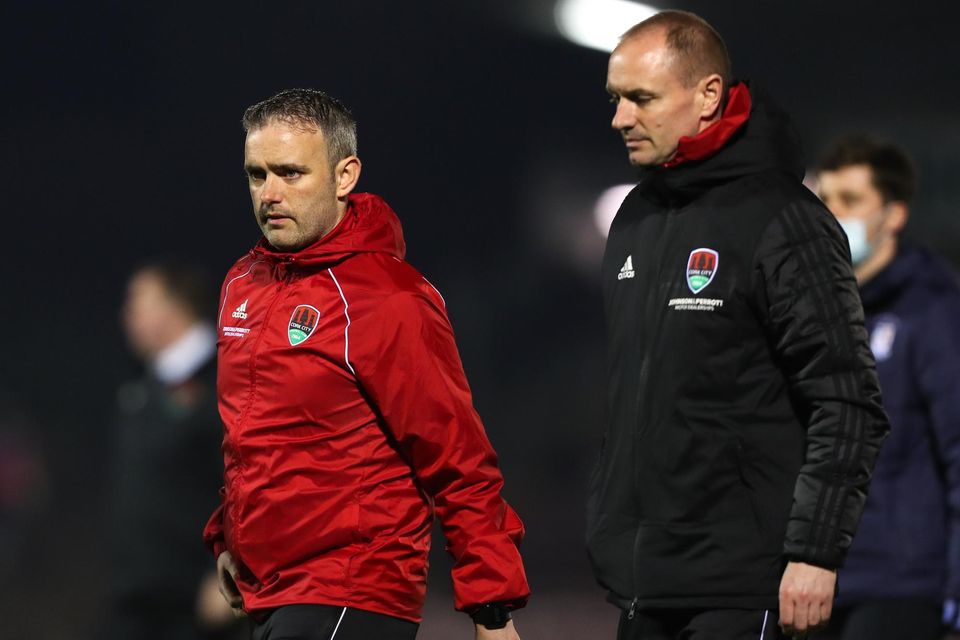 Cork City assistant manager Richie Holland (left) with former manager Colin Healy.
