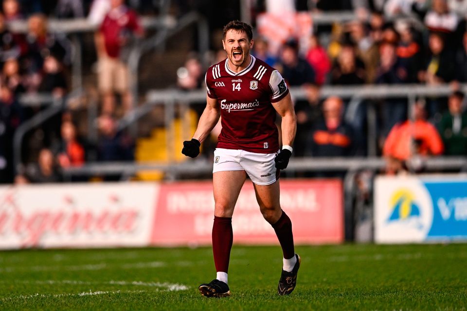 Shane Walsh of Galway celebrates after kicking his side's match-winning free against Armagh at Kingspan Breffni in Cavan. Photo by Ben McShane/Sportsfile