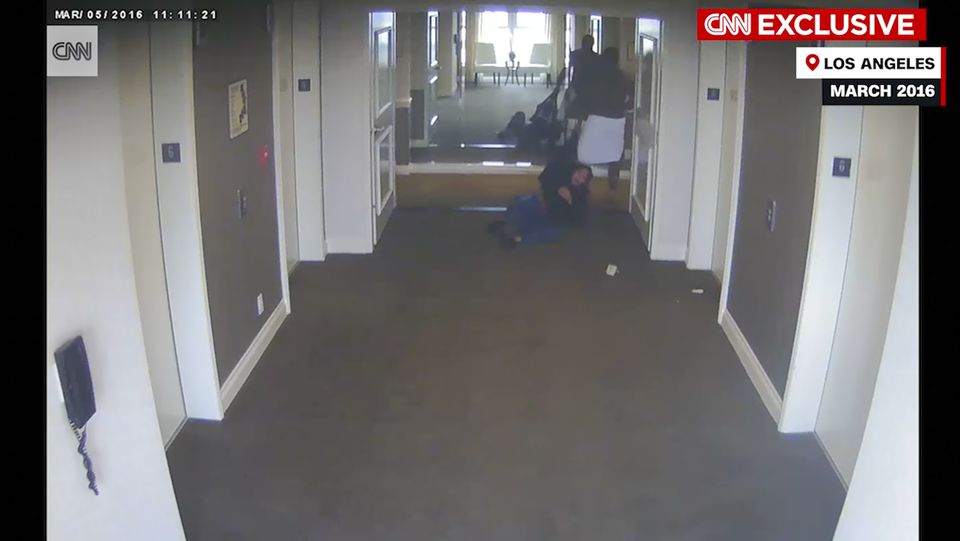 Screengrab of video appearing to show Sean Combs attacking singer Cassie in a Los Angeles hotel hallway in March 2016 (Hotel Security Camera Video/CNN via AP)