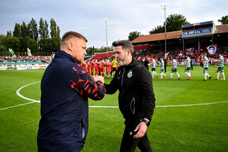 Shamrock Rovers manager Stephen Bradley, right, and Shelbourne manager Damien Duff