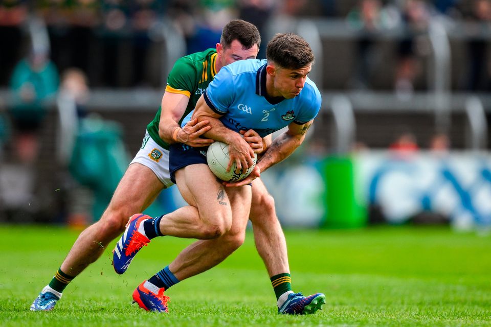 Dublin's David Byrne is tackled by Meath's Donal Keogan in Portlaoise on Sunday. Photo: Ray McManus/Sportsfile