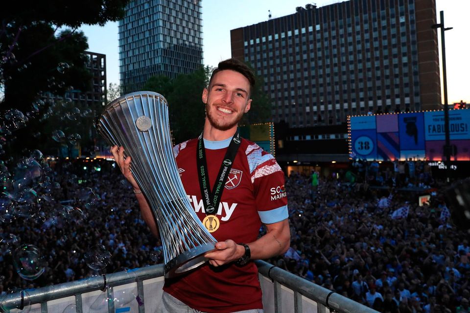 West Ham United's Declan Rice poses with the trophy at the Old Town Hall in Stratford, London, following Wednesday's 2-1 victory over Fiorentina in the Europa Conference League final and ended their 43-year wait for a trophy. Picture date: Thursday June 8, 2023. PA Photo. See PA story SOCCER West Ham. Photo credit should read: Bradley Collyer/PA Wire.    RESTRICTIONS: Use subject to restrictions. Editorial use only, no commercial use without prior consent from rights holder.