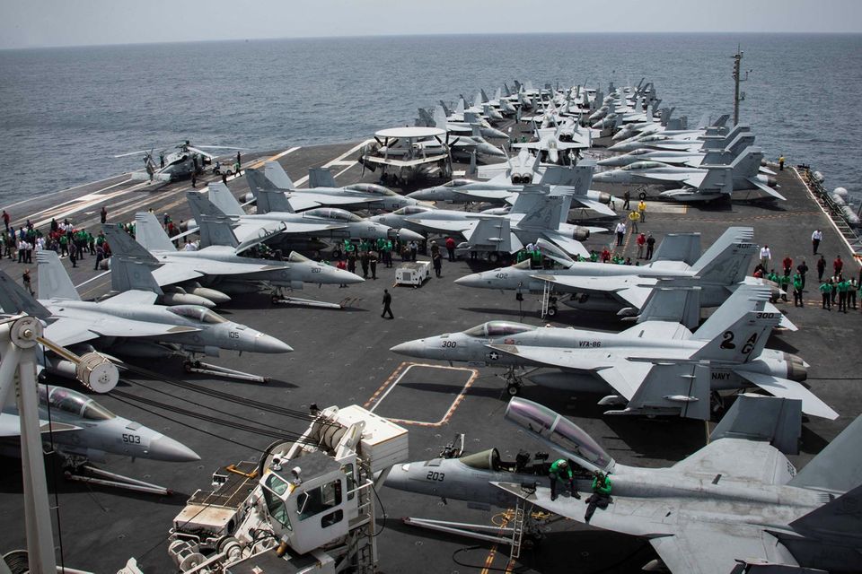 Poised: US aircraft carrier USS Abraham Lincoln has been sent to the Arabian Sea as tensions escalate with Iran. Photo: Garrett LaBarge/U.S. Navy/Handout via REUTERS
