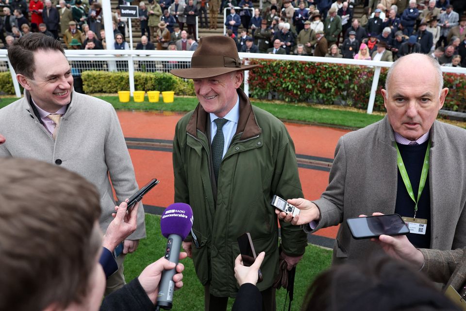 Willie Mullins speaks to the media after winning the 14:10 Brown Advisory Novices’ Chase Action Images via Reuters/Paul Childs