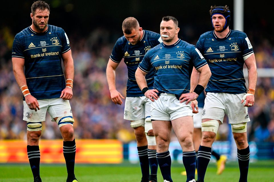 Dejected Leinster players, from left, Jason Jenkins, Ross Molony, Cian Healy and Ryan Baird during the Champions Cup final defeat to La Rochelle at Aviva Stadium in Dublin. Photo by Brendan Moran/Sportsfile