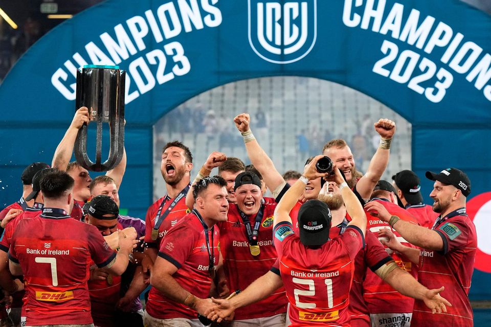 Munster players, including Jean Kleyn, Niall Scannell, Josh Wycherley, Craig Casey, RG Snyman and Diarmuid Barron, celebrate after winning the United Rugby Championship final at DHL Stadium in Cape Town, South Africa