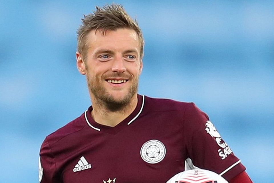 Jamie Vardy with the match ball at the Etihad