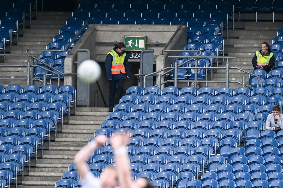 A large section of empty seating where the Davin Stand adjoins the Hogan Stand at Croke Park during the Leinster SFC semi-final meeting of Louth and Kildare.