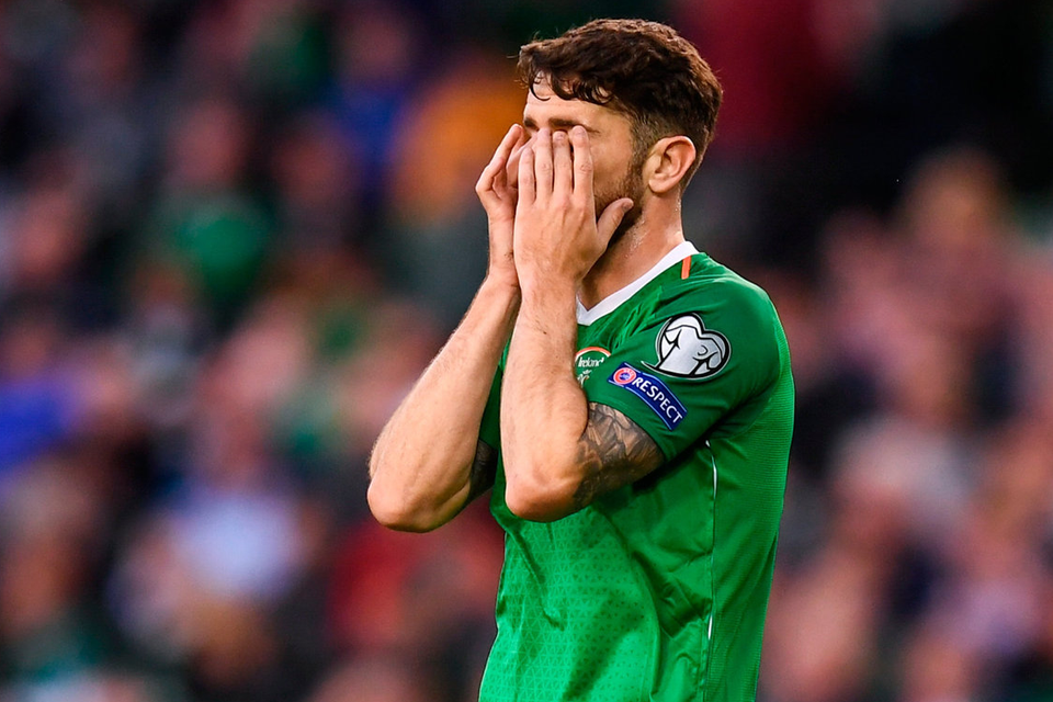 Robbie Brady can’t bear to look after a missed opportunity against Gibraltar on Monday night. Photo: Sportsfile