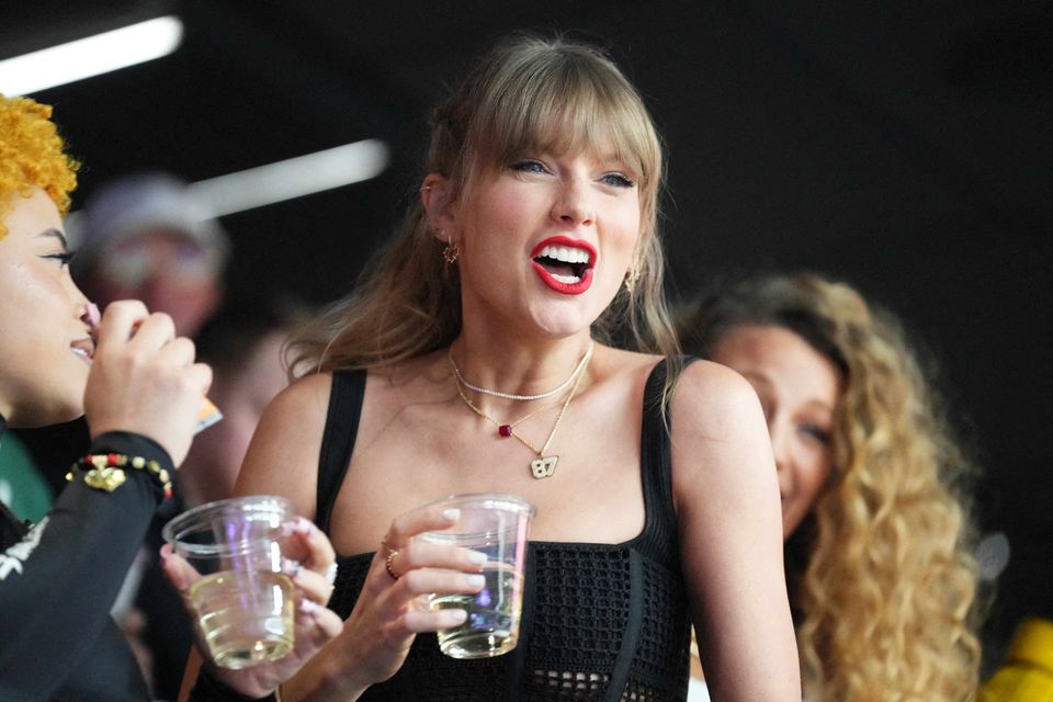 Taylor Swift at the Super Bowl last Sunday in Las Vegas, where she was filmed chugging her drink and slamming down her plastic cup as fans in the stadium cheered. Photo: Reuters
