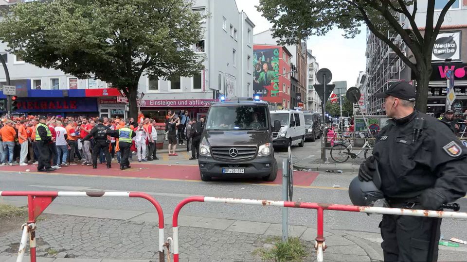 Screen grab of moments after a man carrying an axe was shot down by police officers in the St. Pauli district of Hamburg, before Euro 2024 match between Poland v Netherlands in Hamburg, Germany. June 16, 2024, Nonstopnews/via Reuters