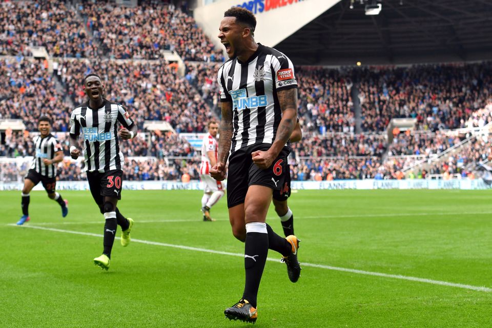 Jamaal Lascelles celebrates scoring Newcastle's second goal
