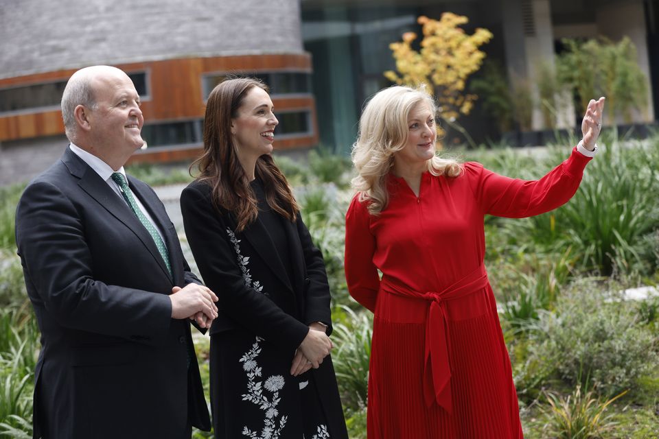 Jacinda Ardern, ex-prime minister of New Zealand, with Colin Hunt, CEO AIB, and Helen Normoyle, non-executive director and chair of AIB's Sustainable Business Advisory
Committee at the the AIB Sustainability Conference 'It’s Time To Act' in Dublin yesterday. Photo: Julien Behal