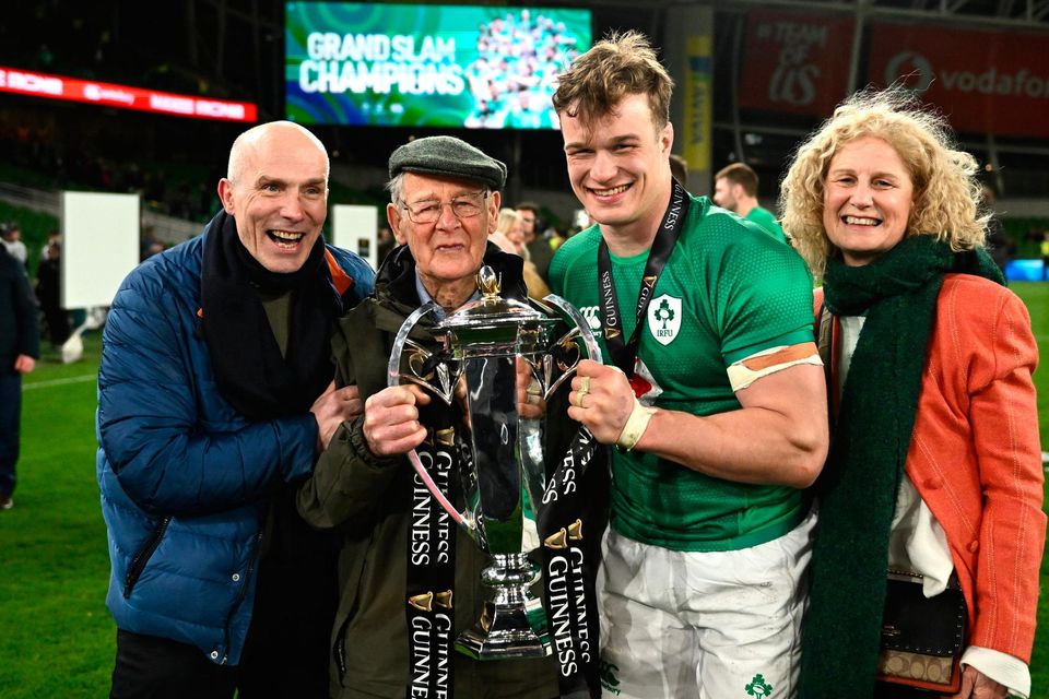 Josh van der Flier of Ireland with his father Dirk, grandfather George Strong and mother Olly after the Six Nations win over England at the Aviva Stadium. Photo: Harry Murphy/Sportsfile