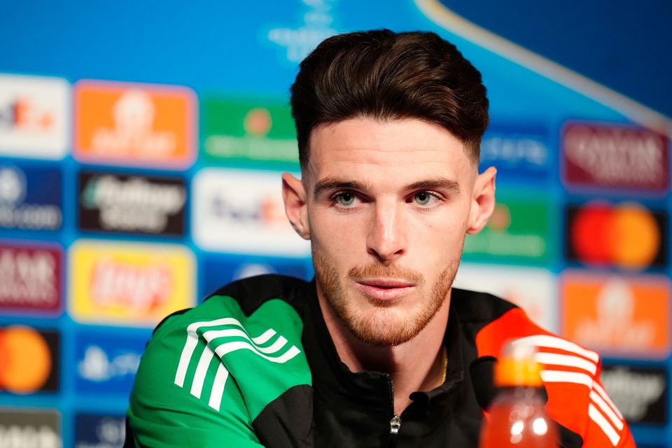 Arsenal's Declan Rice during a press conference at the Parc des Princes in Paris yesterday.