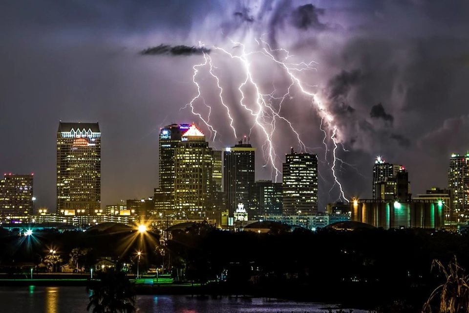 A spectacular lightning strike illuminates the city of Tampa
