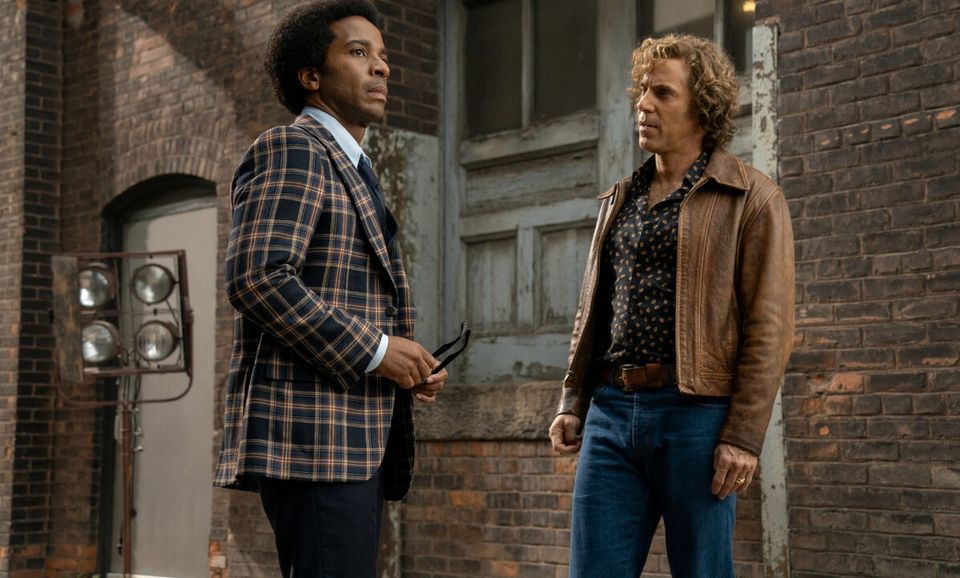 André Holland (left) as Black Panther leader Huey P Newton and Alessandro Nivola as film producer Bert Schneider. Photo: AppleTV+