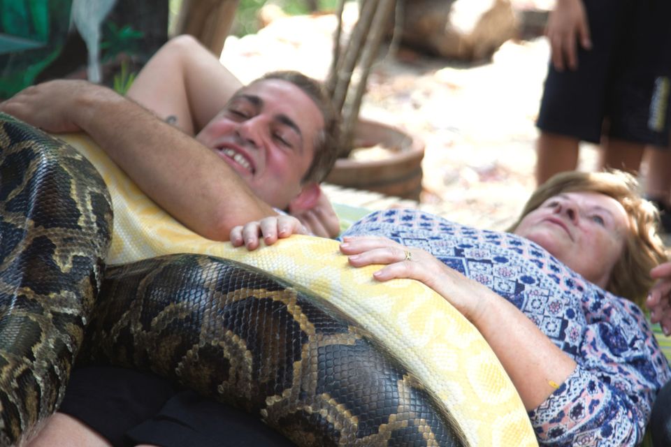Baz and Nancy receive a snake massage at Cebu Zoo in the Philippines