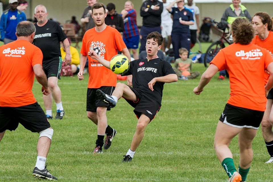 Sunday 14 September 2014. Phoenix Park: Sport Against Racism Ireland (SARI) organised a Sari All-Stars v Love/Hate cast football match. Barry Keoghan plays Wayne the Cat Killer.