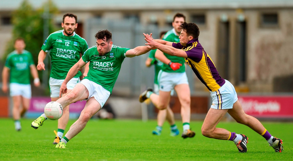 Barry Mulrone of Fermanagh in action against Eoghan Nolan of Wexford. Photo by Diarmuid Greene/Sportsfile