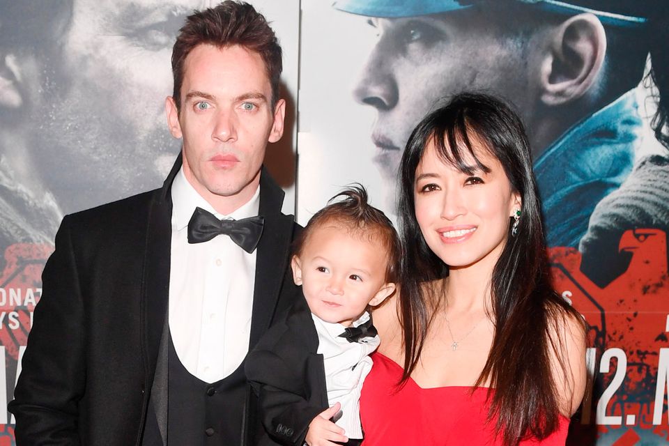Jonathan Rhys Meyers with wife Mara and son Wolf attend the premiere of The 12th Man at Fredrikstad Cinema on December 18, 2017 in Fredrikstad, Norway. (Photo by Rune Hellestad - Corbis/Corbis via Getty Images)