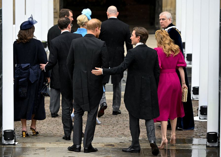 Britain's Prince Harry, Duke of Sussex arrives with Princess Beatrice and her husband Edoardo Mapelli Mozzi to attend Britain's King Charles and Queen Camilla coronation ceremony at Westminster Abbey, in London, Britain May 6, 2023. REUTERS/Toby Melville/Pool