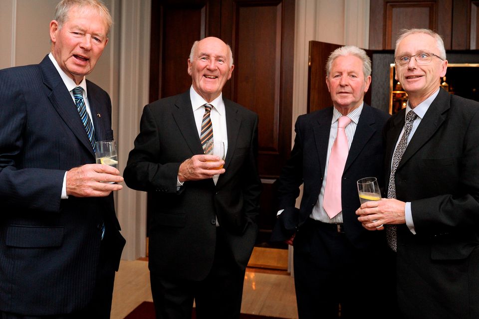 22 December 2014; Mich?al O Muircheartaigh, left, former kilkenny hurler Eddie Keher, former Dublin footballer Eamon Breslin and John Treacy, CEO of the Irish Sports Council, during the Croke Park Hotel / Irish Independent Sportstar of the Year Luncheon 2014. The Westbury Hotel, Dublin. Picture credit: Barry Cregg / SPORTSFILE