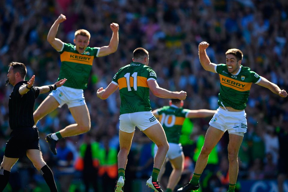 Seán O'Shea and his Kerry team mates Killian Spillane, left, and Adrian Spillane celebrate as referee Paddy Neilan blows the full time whistle to end the All-Ireland SFC semi-final win over Dublin. Photo: Ray McManus/Sportsfile