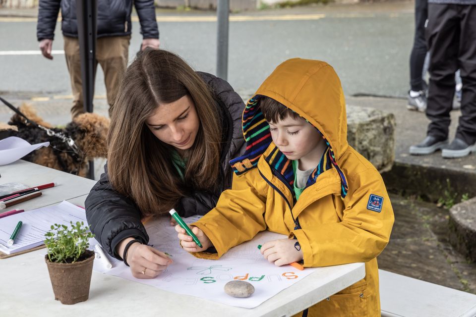 Visitors to the Aughrim St Patrick's Day parade engaging with Suppose a Stone activity maps. Photo: Ste Murray