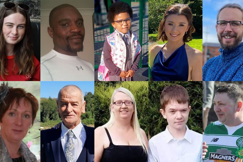 Leona Harper, 14, Robert Garwe, 50, Shauna Flanagan Garwe, five, Jessica Gallagher, 24, and James O'Flaherty, 48, and (bottom row, left to right) Martina Martin, 49, Hugh Kelly, 59, Catherine O'Donnell, 39, her 13-year-old son James Monaghan, and Martin McGill, 49, the ten victims of the explosion at the Applegreen service station in the village of Creeslough in Co Donegal