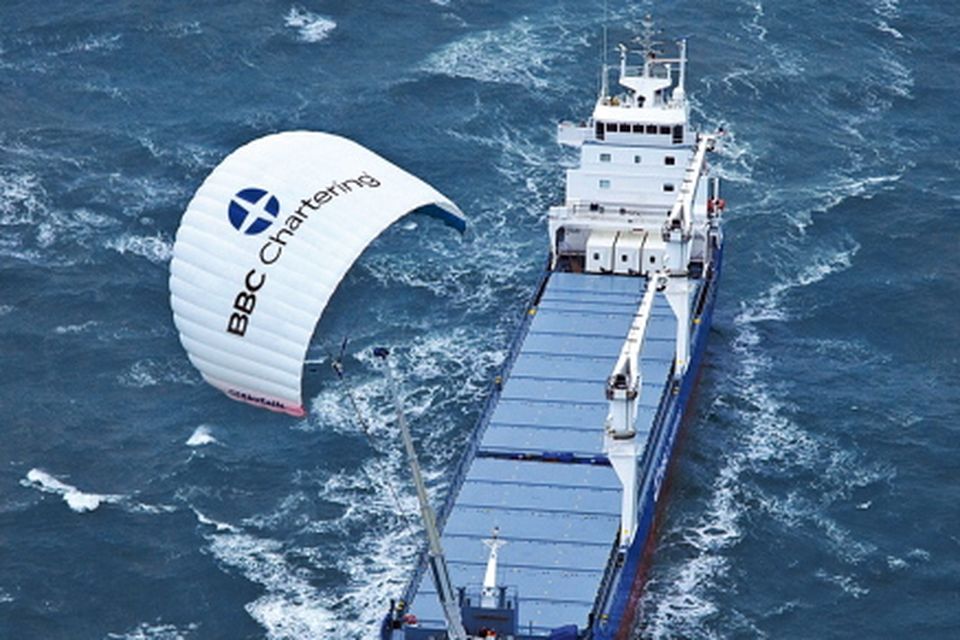 An example of how SkySails can be deployed on even the largest merchant vessels. In this case, the kite is used to propel the ship and help reduce fuel costs.