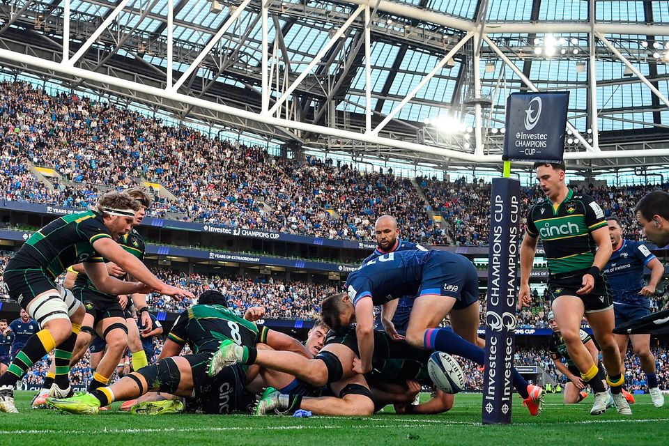 The ball hits off the leg of Leinster's Ross Byrne in the last play of the game during the Champions Cup semi-final match against Northampton Saints at the Aviva Stadium. Photo: Brendan Moran/Sportsfile
