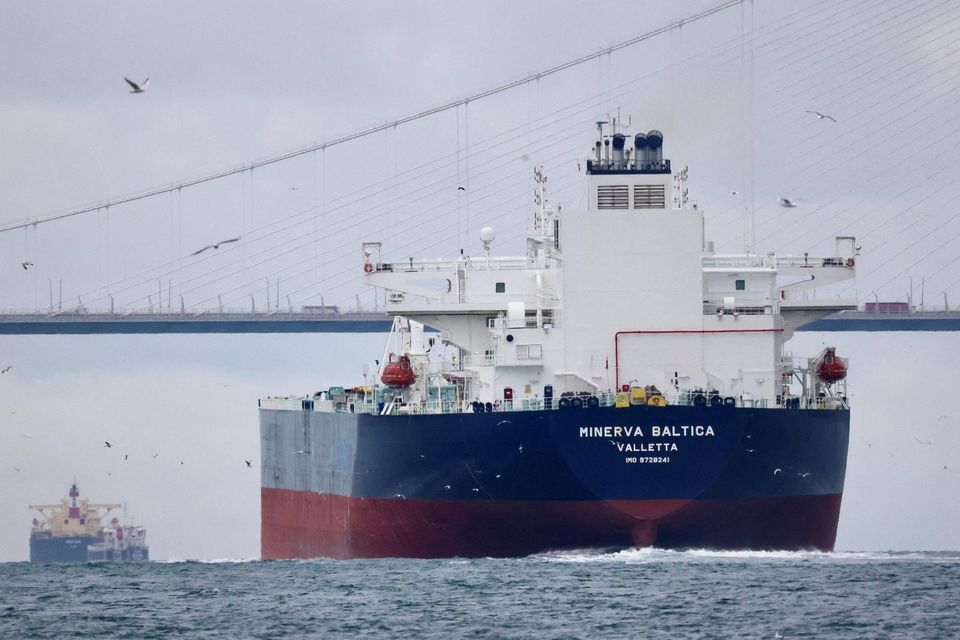 Minerva Baltica crude oil tanker passing under a bridge over the Bosphorus. Photograph: Yoruk Isik/Reuters
