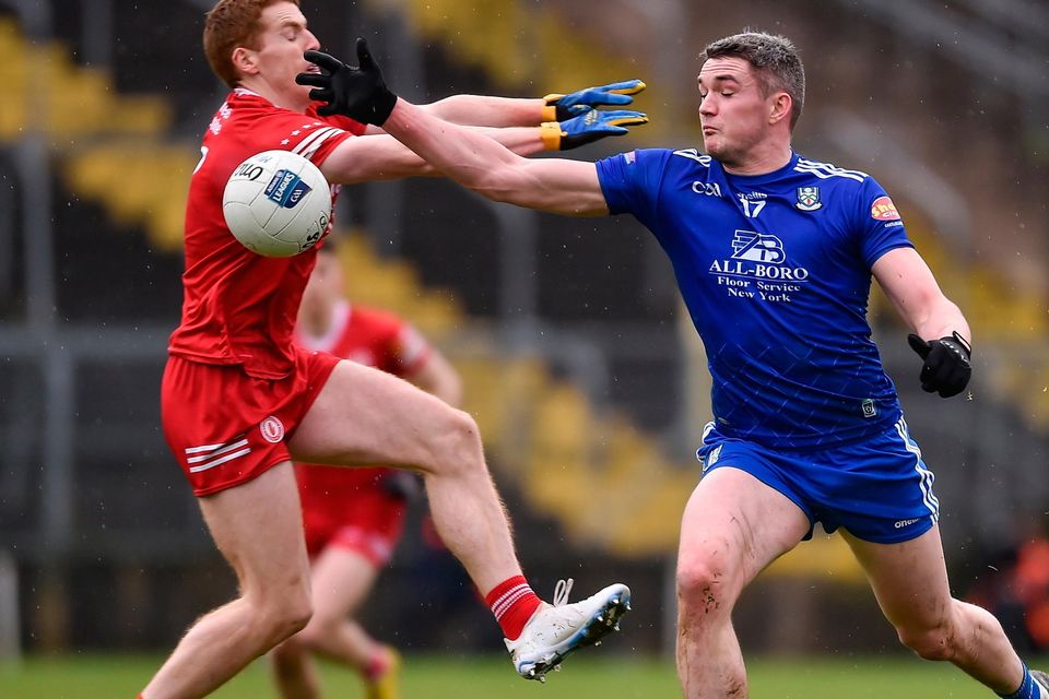 Tyrone's Peter Harte and Monaghan's Francie Hughes battle for possession during their Allianz FL Division 1 tie at St Tiernach's Park, Clones. Photo: Daire Brennan/Sportsfile