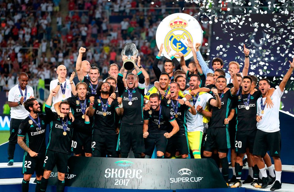 Real Madrid's Sergio Ramos lifts the UEFA Super Cup Trophy Photo: Nick Potts/PA Wire