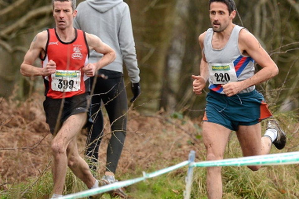 3 February 2013;  Declan Reid, City of Derry AC, Peter Matthews, Dublin, Ciaran Doherty, Letterkenny, AC, Dave Morewood, Annadale striders, Antrim, at the front during the Mens master race during the cross country championship. Gransha Park, Derry. Picture credit: Oliver McVeigh / SPORTSFILE