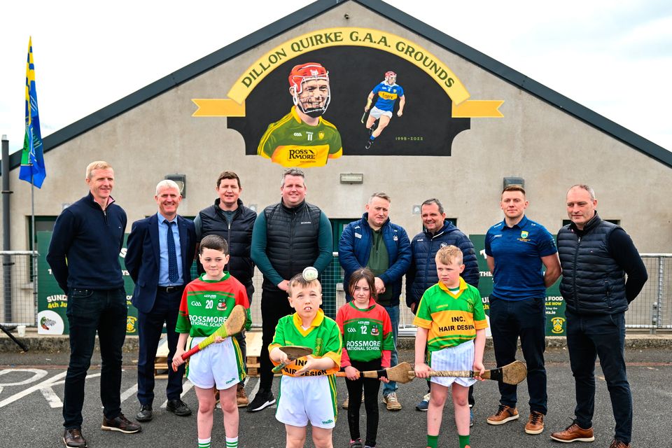 At the launch of The Dillon Quirke Foundation fundraising in association with The Circet All-Ireland GAA Golf Challenge at the Clonoulty-Rossmore GAA Club in Tipperary were children from Clonoulty and Rossmore schools, from left, Rian Quinn, Scott Wood, Hazel Rayn and Jamie O'Sullivan, with inter-county hurling managers, from left, Henry Shefflin of Galway, John Kiely of Limerick, Darren Gleeson of Antrim, Darragh Egan of Wexford, Pat Ryan of Cork, Davy Fitzgerald of Waterford, Stephen Molumphy of Kerry and Liam Cahill of Tipperary. The Foundation are calling on all GAA clubs to provide €100 towards providing cardiac screening across the association. To donate, visit bit.ly/doitfordillon. Photo: Harry Murphy/Sportsfile