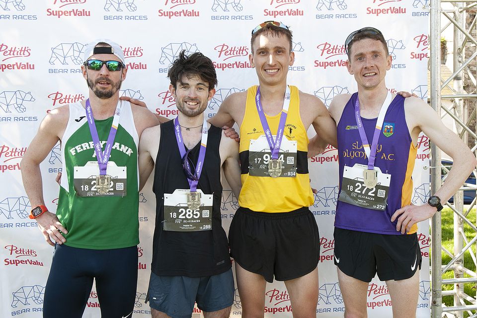 Gerard Clerkin (third), Paul Doran (winner), Philip Simpson (runner-up) and Eamonn Flannery (fourth) in the half marathon duirng the Pettitt's SuperValu Wexford Half Marathon & 10km. Pic: Jim Campbell
