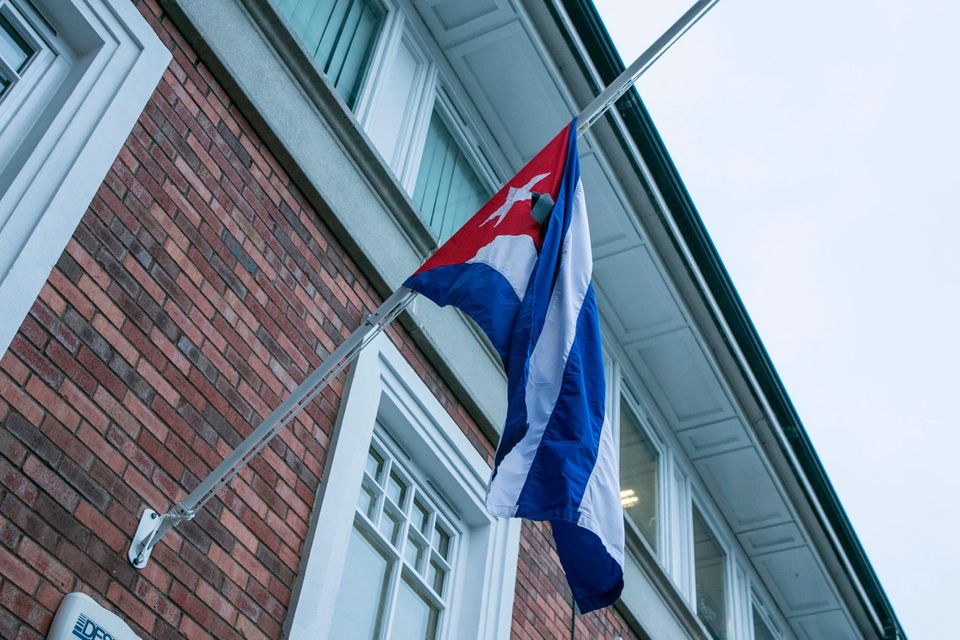 Cuban Flag at half Mast at the Cuban Embassy on Pearse St Dublin Photo: Kyran O'Brien