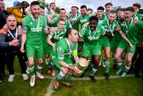 thumbnail: There were plenty of familiar faces, including Darius Kierans (left) and Killian Brennan (second left) as Glebe North captain Noel Barrett lifted the FAI Intermediate Cup following their victory over Ringmahon Rangers at Weavers Park on Sunday afternoon. Photo by Ben McShane/Sportsfile 