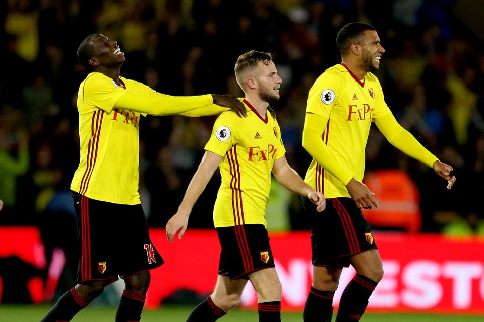 Tom Cleverley (centre) scored his first Watford goal in over seven years to beat Arsenal on Saturday.