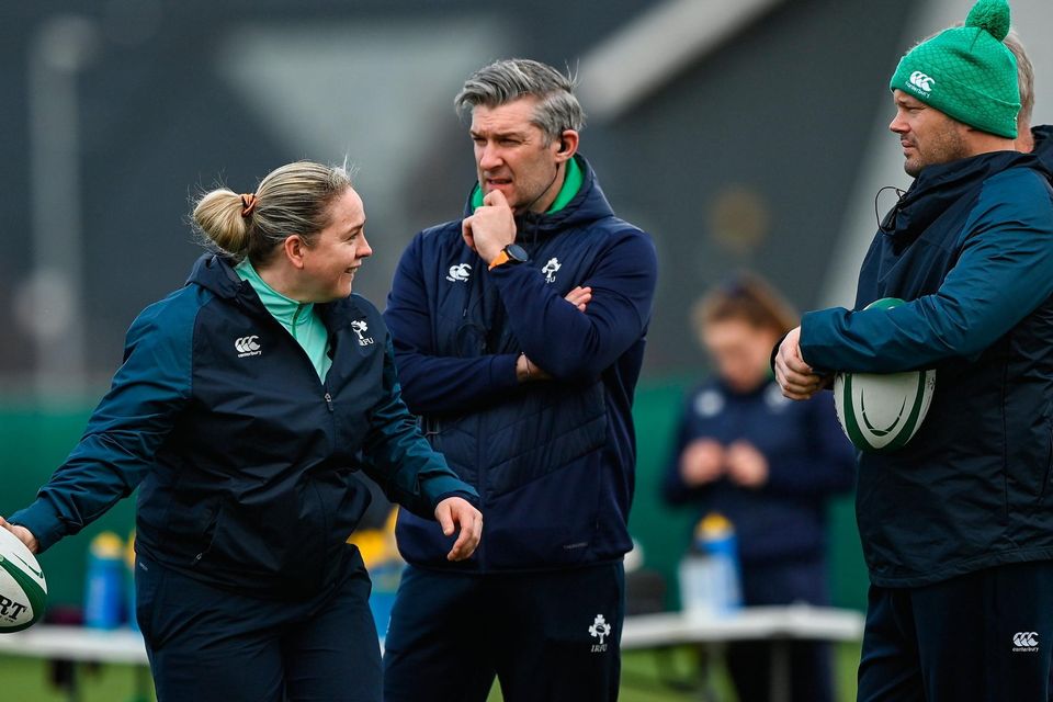 Ireland coaching team, from left, backs coach Niamh Briggs, head coach Greg McWilliams, senior coach John McKee and scrum coach Denis Fogarty during a squad training session at IRFU High Performance Centre at the Sport Ireland Campus in Dublin. Photo by Ramsey Cardy/Sportsfile