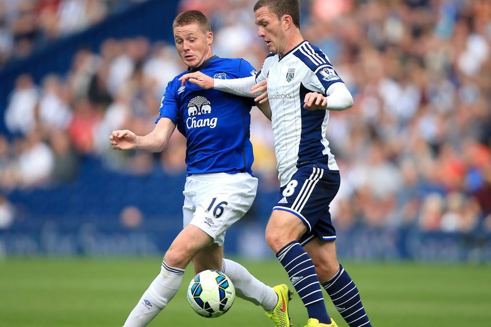 Everton's James McCarthy battles for the ball with West Bromwich Albion's Craig Gardner