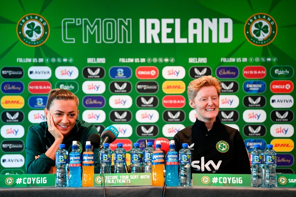 Katie McCabe and head coach Eileen Gleeson during a Republic of Ireland Women's media conference at the Castleknock Hotel in Dublin. Photo by Stephen McCarthy/Sportsfile