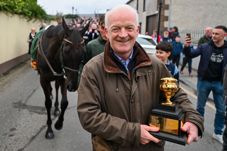 Willie Mullins with Galopin Des Champs during the homecoming of Cheltenham Gold Cup winner Galopin Des Champs at Leighlinbridge in Carlow. Photo: Tyler Miller/Sportsfile