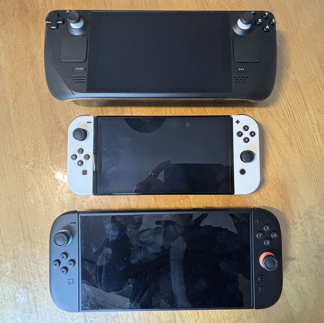 Switch 2 (bottom) versus OLED Switch (middle) versus Steam Deck