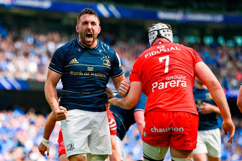 Jack Conan of Leinster celebrates after scoring his side's first try